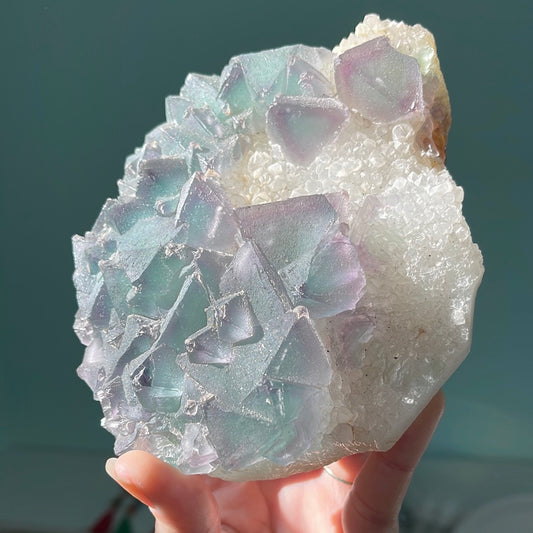 Bi-color Octahedral Fluorite on Quartz